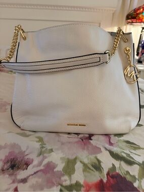 Michael Kors White Pebbled Leather Shoulder Tote with Gold Chain Accents